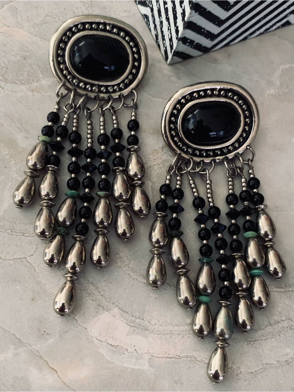 Boho Black Stone and Silver Fringed Dangle Earrings